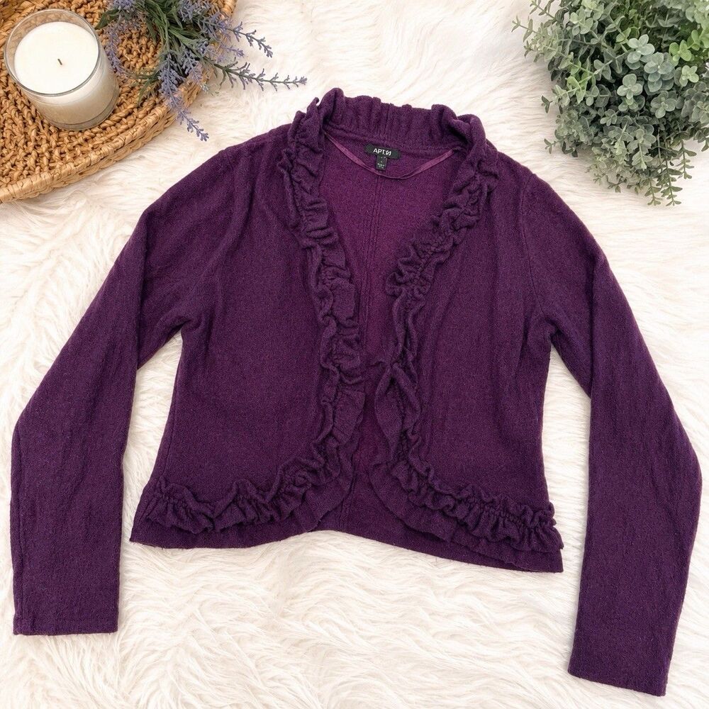 APT 9 Cardigan Sweater Wool Womens Size Large Layered Shirt Ruffles Purple Top